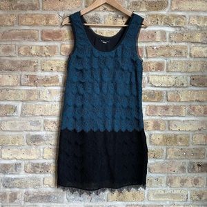 Broadway & Broome Shift Dress w/ Ostrich Feather Shape Lace in Turquoise & Black